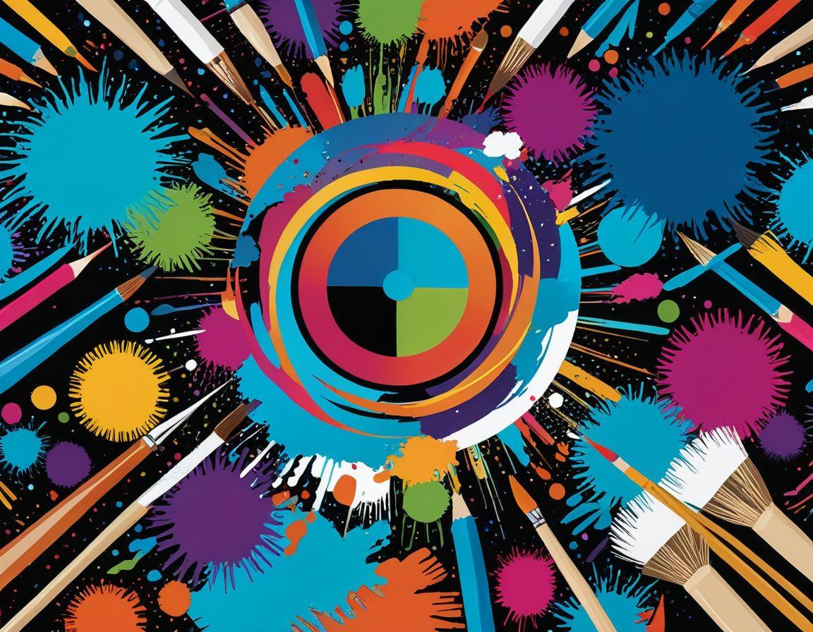 A vibrant collage of various graphic design elements featuring PNG images like logos, illustrations, and textures, intertwined with artistic tools like a digital tablet and paintbrushes. The background showcases a colorful abstract design, representing the fusion of technology and creativity. Include diverse artists at work, highlighting the transformation in visual arts. Bright, engaging colors to capture attention. super-realistic. vibrant colors. dynamic composition.